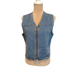 Blue Denim Zip Up Vest Medium Wash Sleeveless V-Neck Jean Jacket Top Size Large